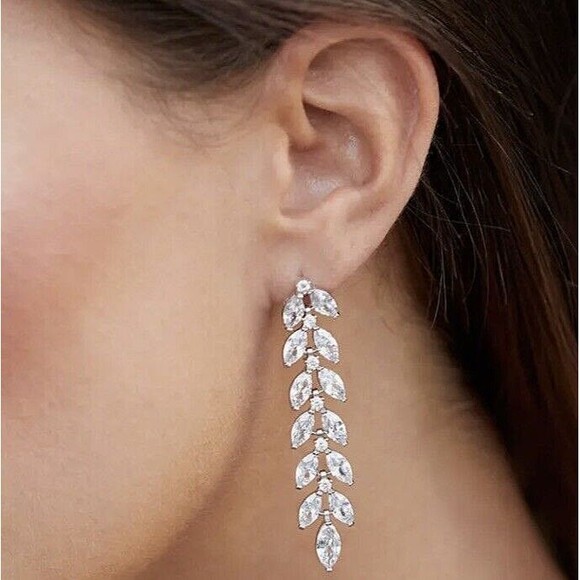 925 Sterling Silver Long Dangle Earrings 2.5"  Cubic Zirconia Marquise Formal - Picture 1 of 7